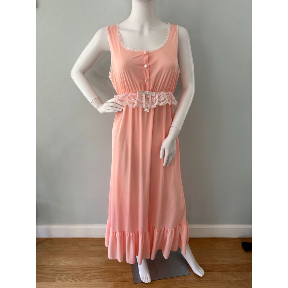 Vintage Peach Pink Lace Nightgown Maxi Dress Empire Waist Romantic Lingerie sz L